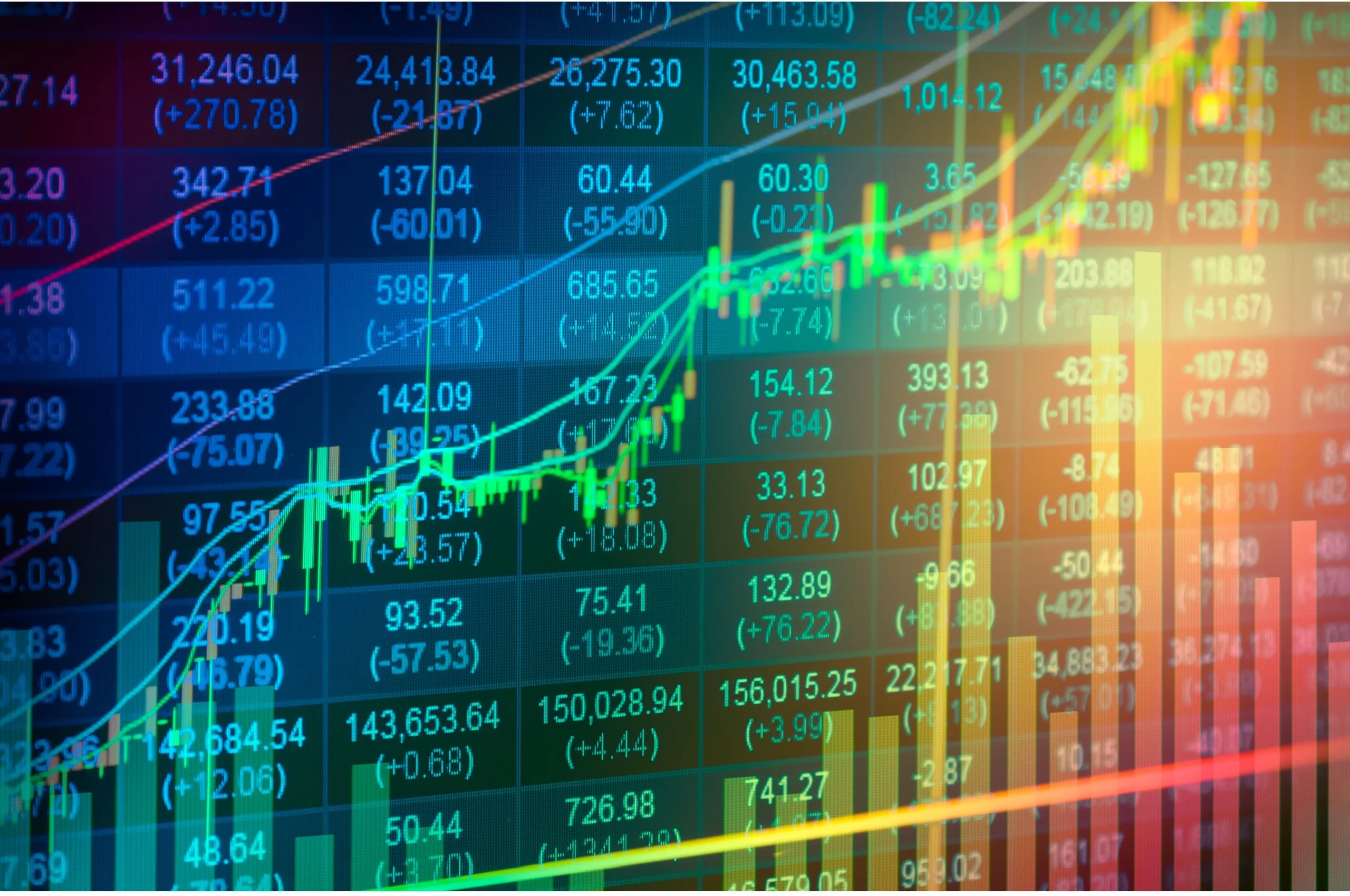 A photo of a screen showing a graph charting stock market returns